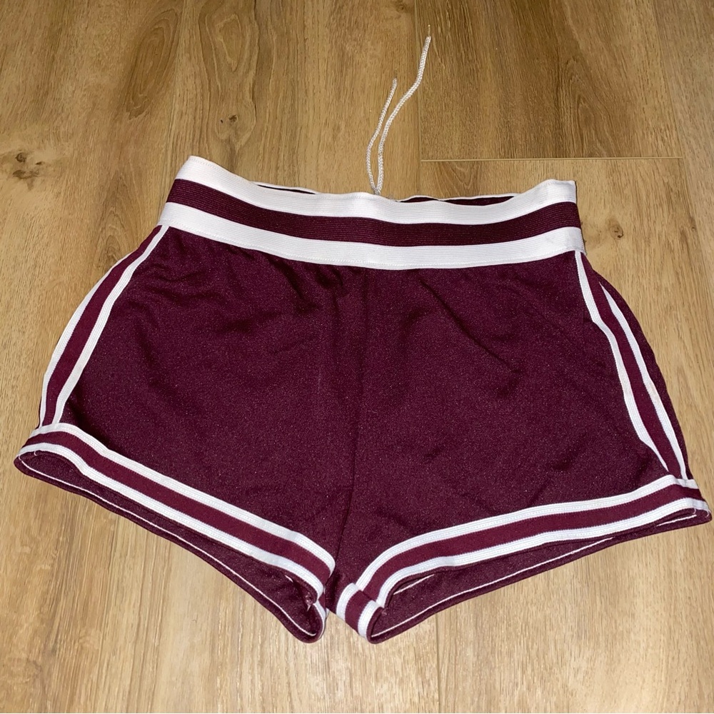 Men’s Vintage Maroon Polyester Athletic Shorts with White Accent Stripes
